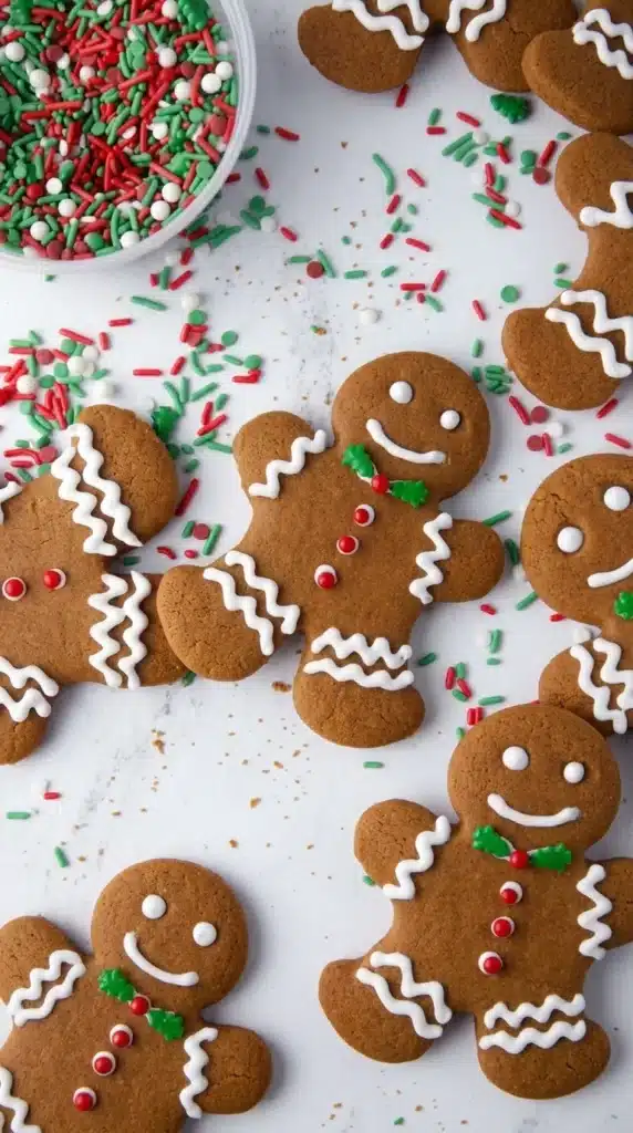 Soft & Chewy Gingerbread Men Cookies with white royal icing, red candy buttons, and festive Christmas sprinkles