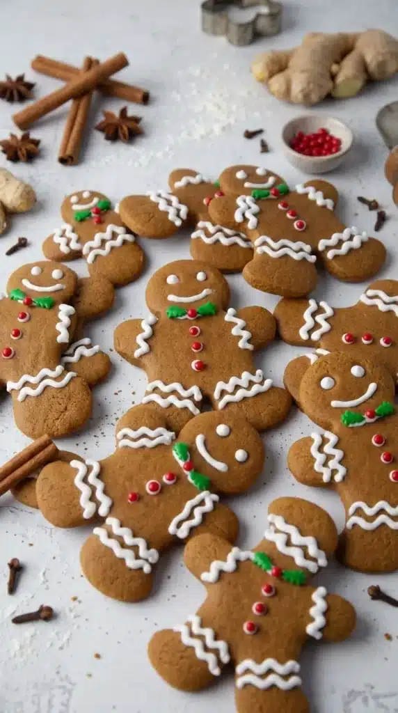 Soft & Chewy Gingerbread Men Cookies decorated with white royal icing, red candy buttons, and green holly