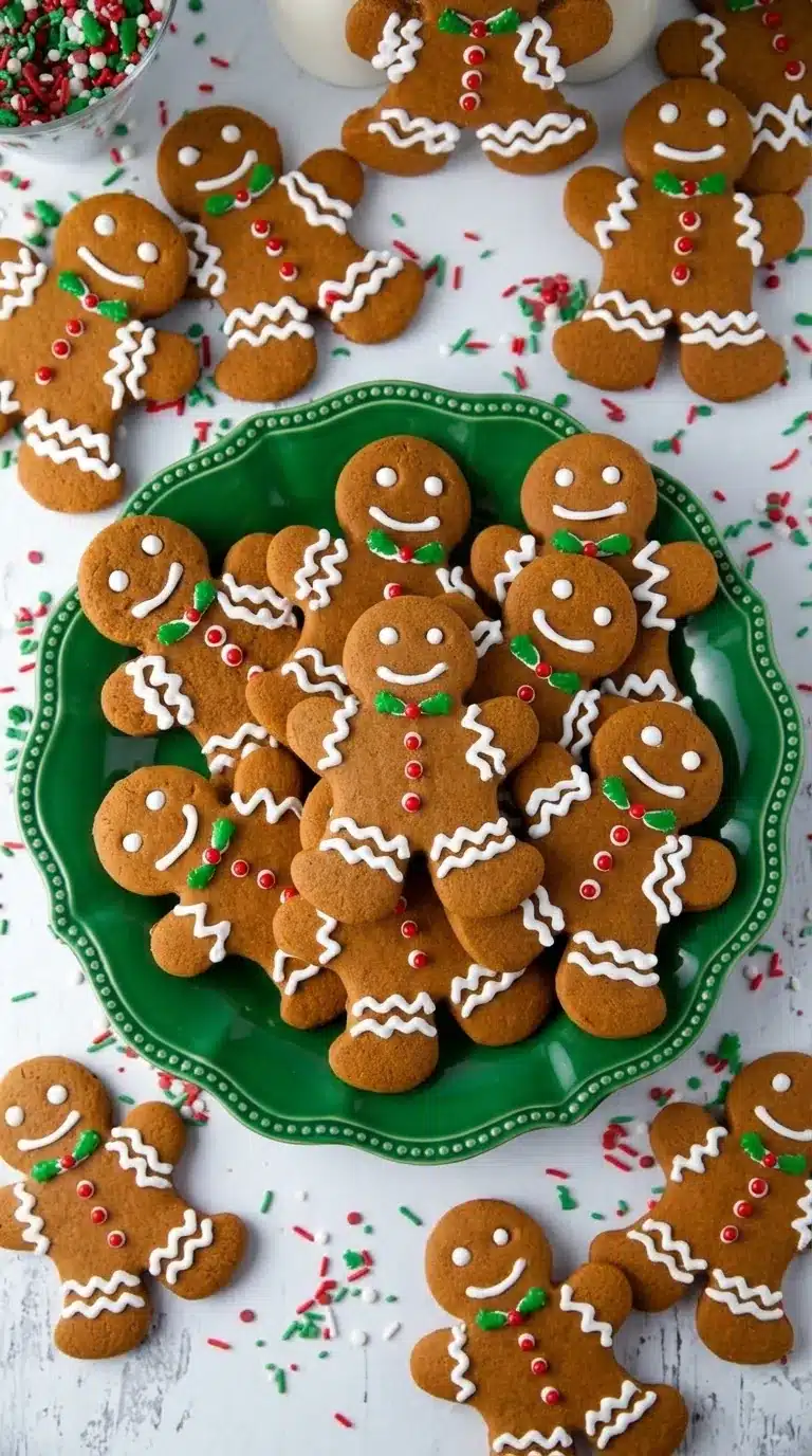 Soft & Chewy Gingerbread Men Cookies with royal icing and festive sprinkles on a Christmas serving platter