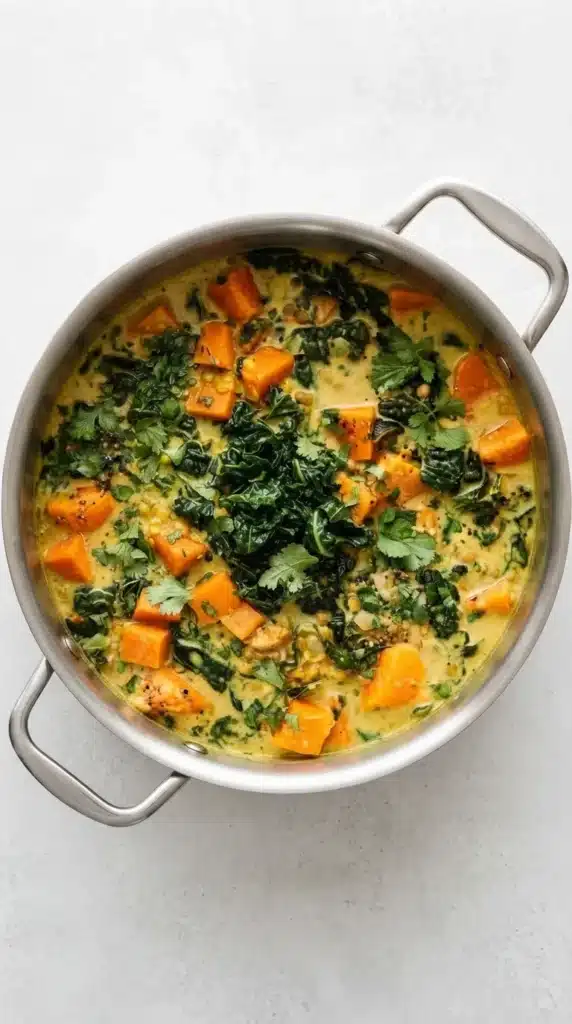 Sweet Potato Stew with creamy coconut milk, green lentils, kale, fresh cilantro, and lime in a rustic pot.