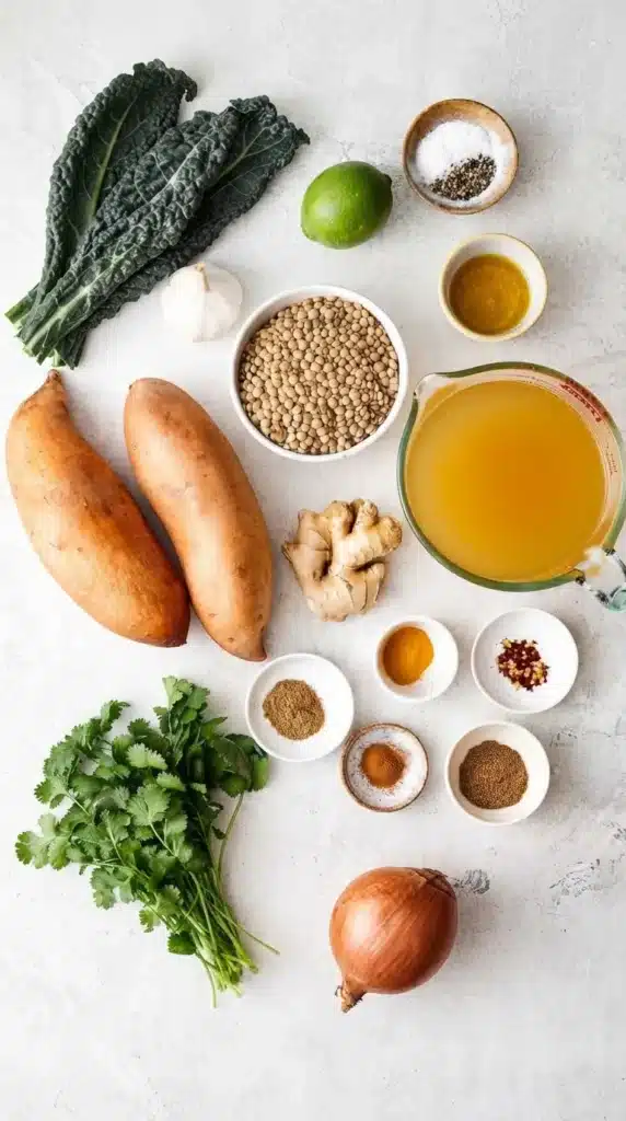 Sweet Potato Stew Recipe : Ultimate Cozy Vegan Comfort 2 Sweet Potato Stew ingredients with sweet potatoes, lentils, kale, coconut milk, ginger, lime, and spices.