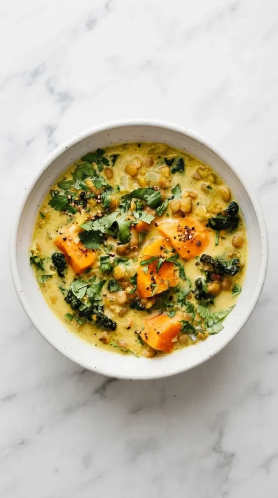 Sweet Potato Stew Recipe : Ultimate Cozy Vegan Comfort 3 Sweet Potato Stew with creamy coconut broth, green lentils, kale, cilantro, and lime served in a rustic bowl.