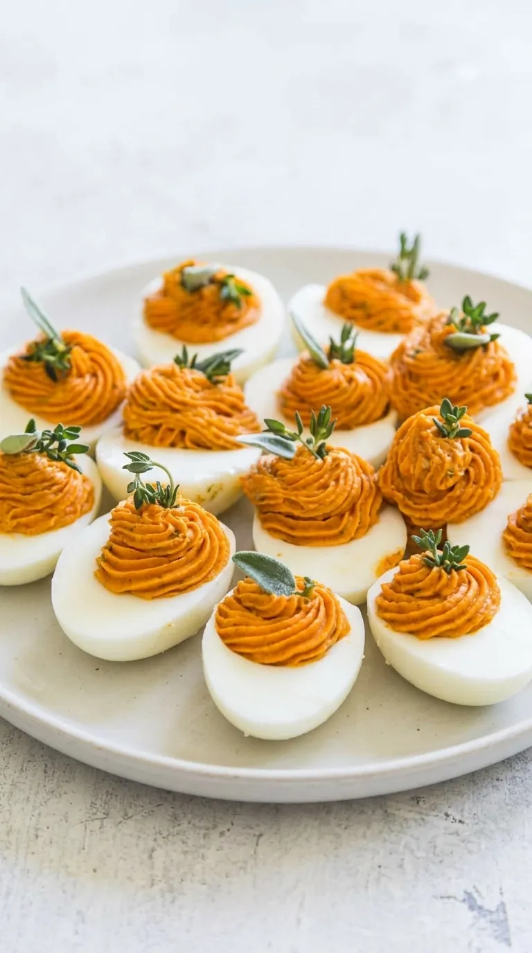 Thanksgiving Appetizer Deviled Eggs with creamy paprika filling, fresh sage and thyme