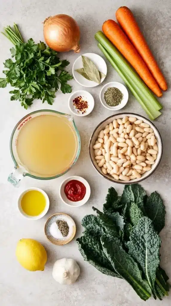 Tuscan White Bean Soup ingredients with cannellini beans, kale, carrots, celery, garlic, herbs, and vegetable broth