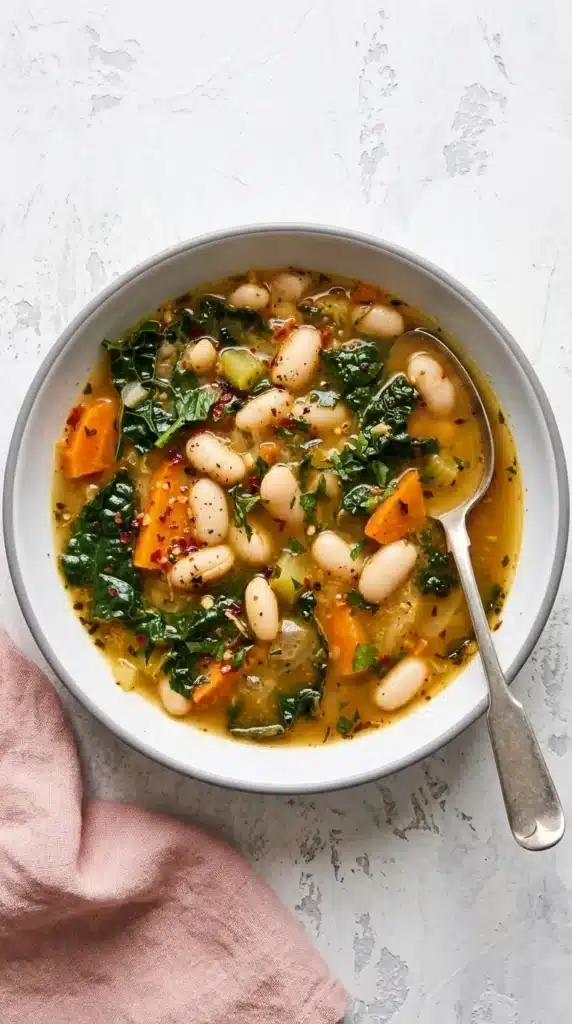Tuscan White Bean Soup with cannellini beans, kale, carrots, and herbs in a rustic ceramic bowl
