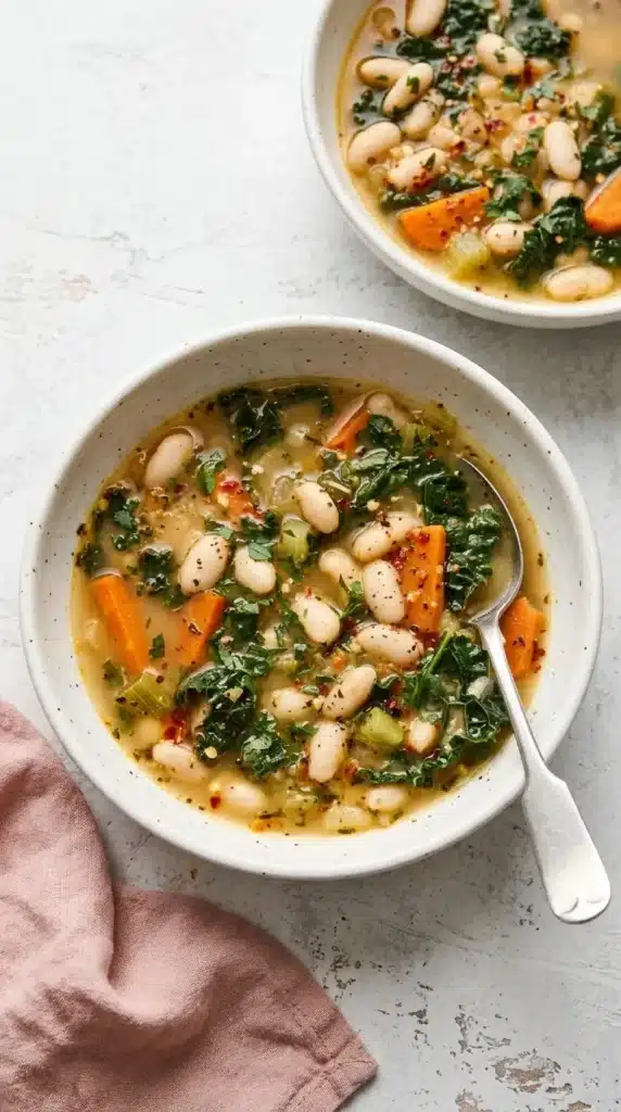 Tuscan White Bean Soup with creamy cannellini beans, kale, carrots, and golden broth in a rustic bowl