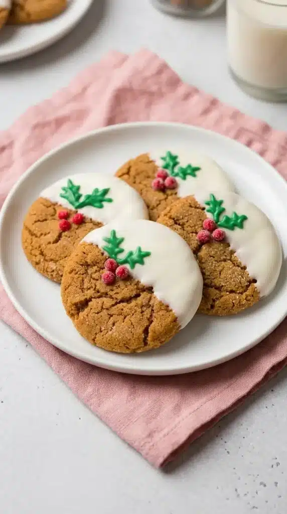 White Chocolate Dipped Ginger Cookies: Christmas Magic 5 White Chocolate Dipped Ginger Cookies on a festive plate with green holly leaves and red icing berries