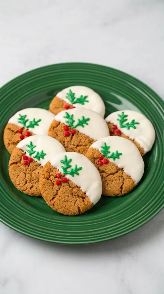 White Chocolate Dipped Ginger Cookies: Christmas Magic 6 White Chocolate Dipped Ginger Cookies with festive holly icing arranged on a Christmas serving platter