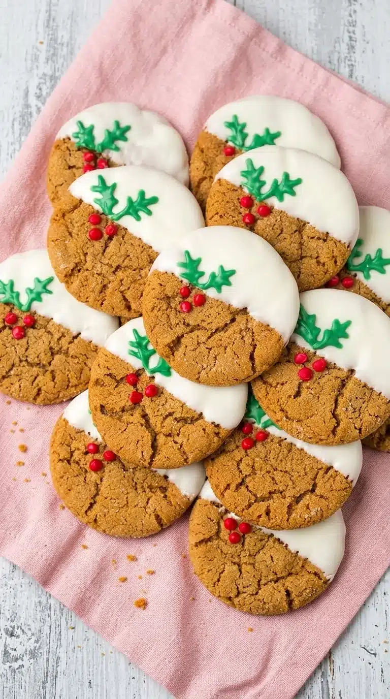 White Chocolate Dipped Ginger Cookies with green holly icing and red berries on a rustic holiday background