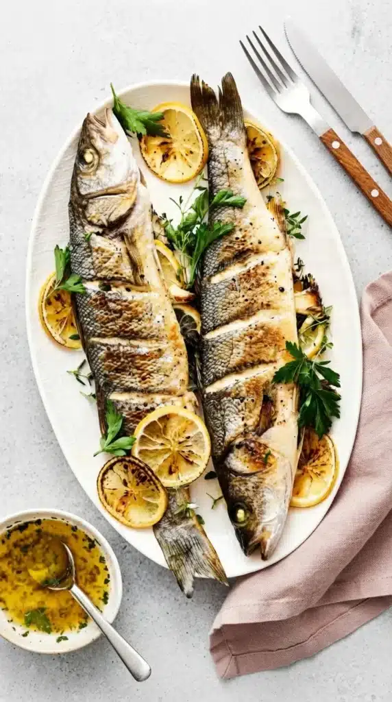 Whole roasted branzino with lemon and herbs on an oval platter