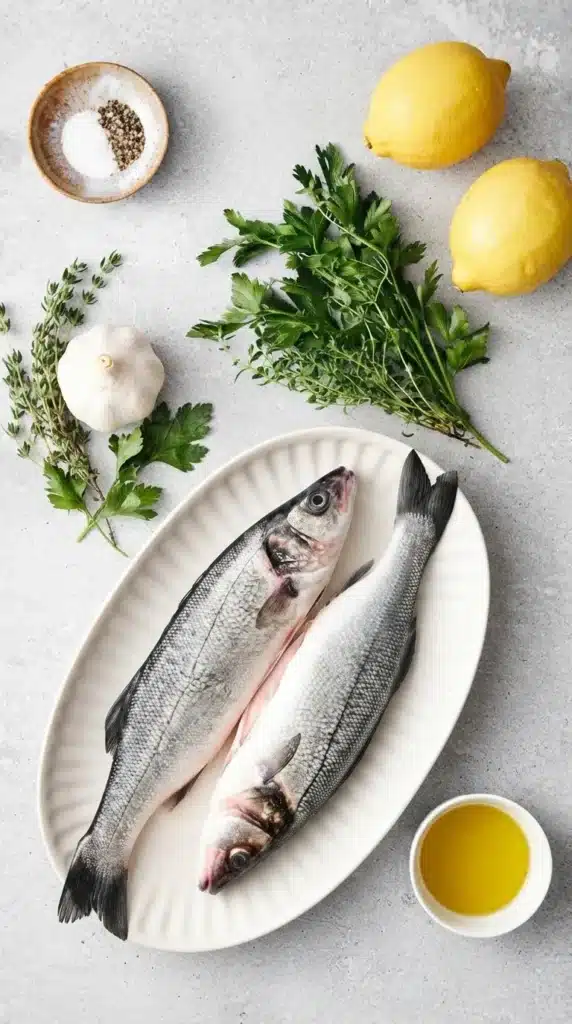 Whole Roasted Branzino (Lemon Herb) Recipe : Amazing Dinner 5 Whole Roasted Branzino (Lemon Herb) ingredients with fish, lemons, garlic, herbs, and olive oil