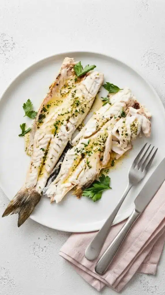Whole Roasted Branzino (Lemon Herb) Recipe : Amazing Dinner 6 Whole Roasted Branzino (Lemon Herb) opened with flaky fish, lemon wedges, and herbs
