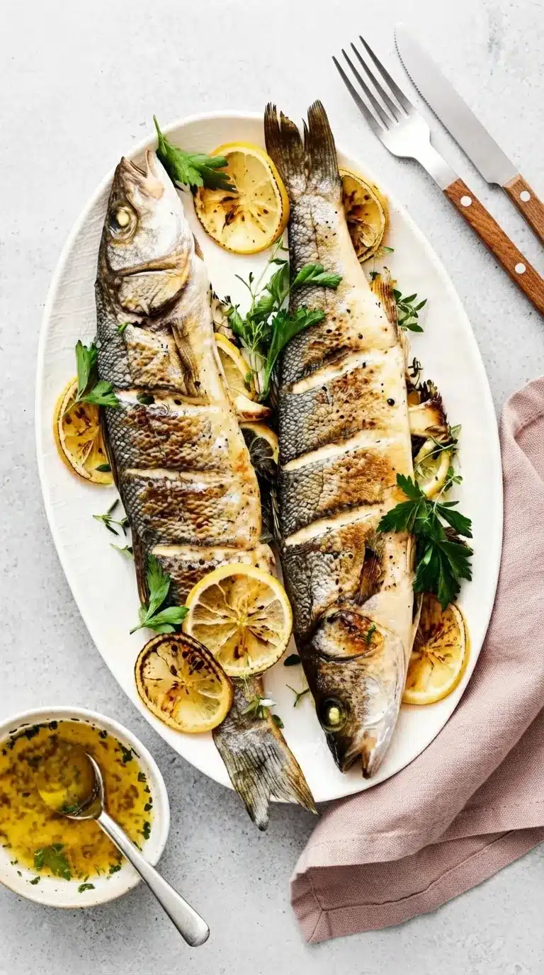 Whole roasted branzino with lemon and herbs on an oval platter
